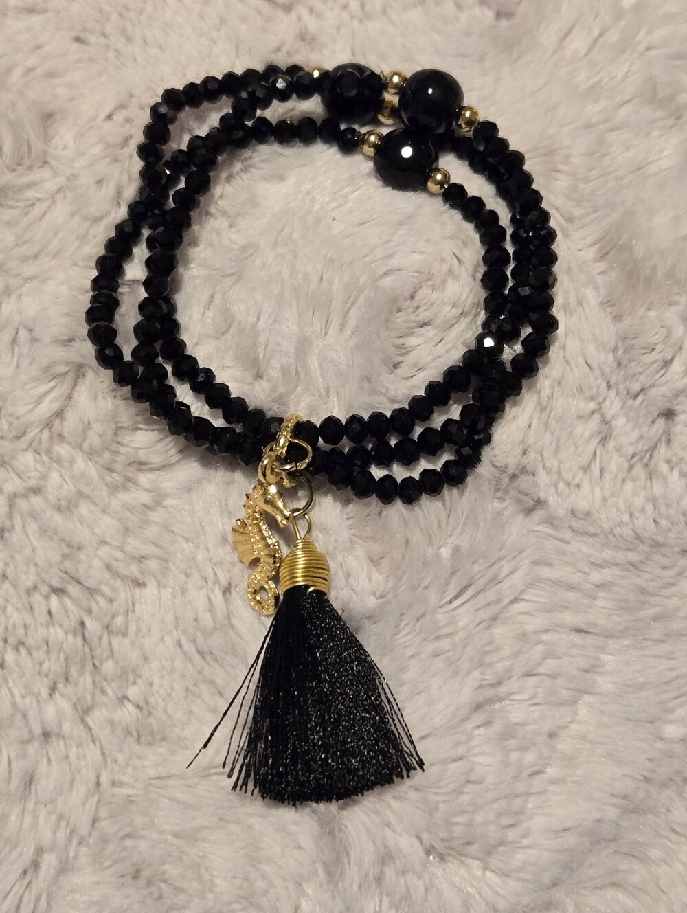 Black Beaded Tassel Bracelet Set Of 3 with Gold Accents Sea Horse